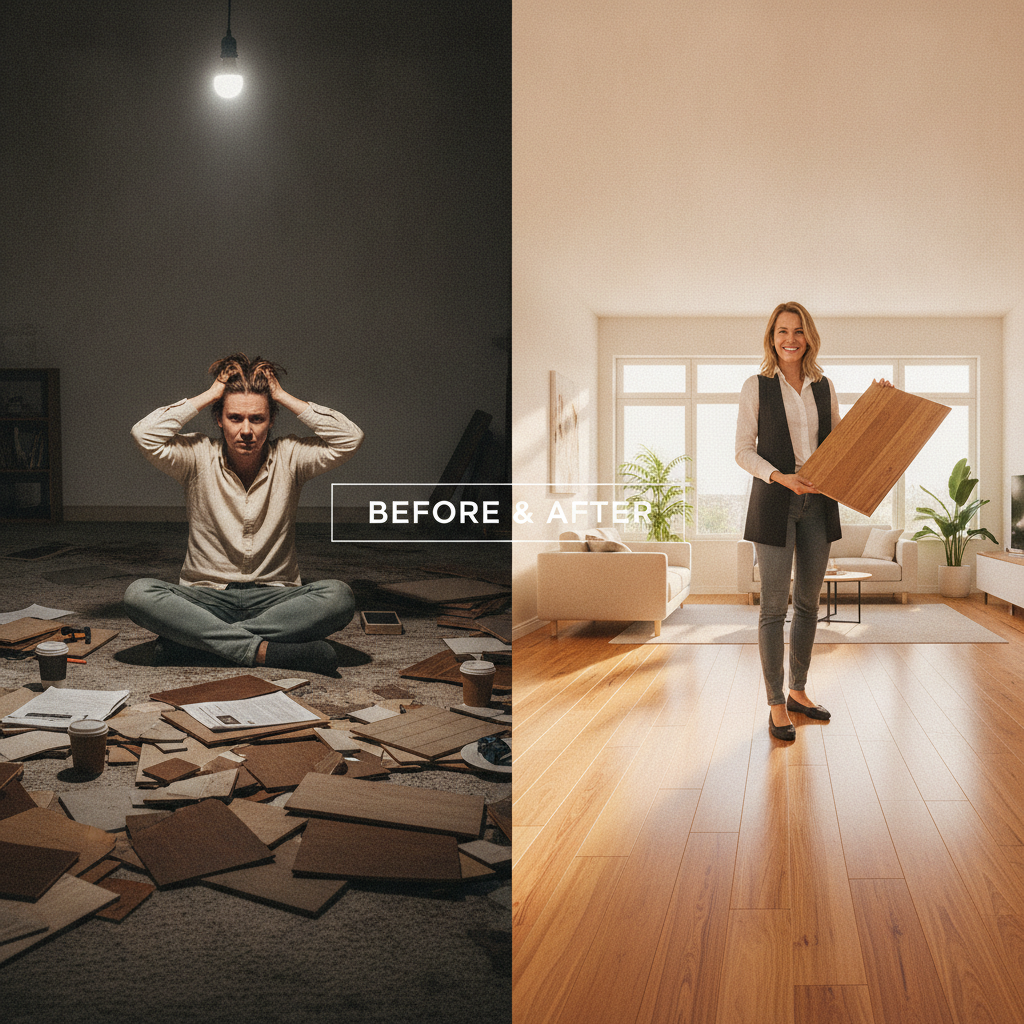 A split-screen image showing a person going from overwhelmed by flooring samples to confident in a finished room.