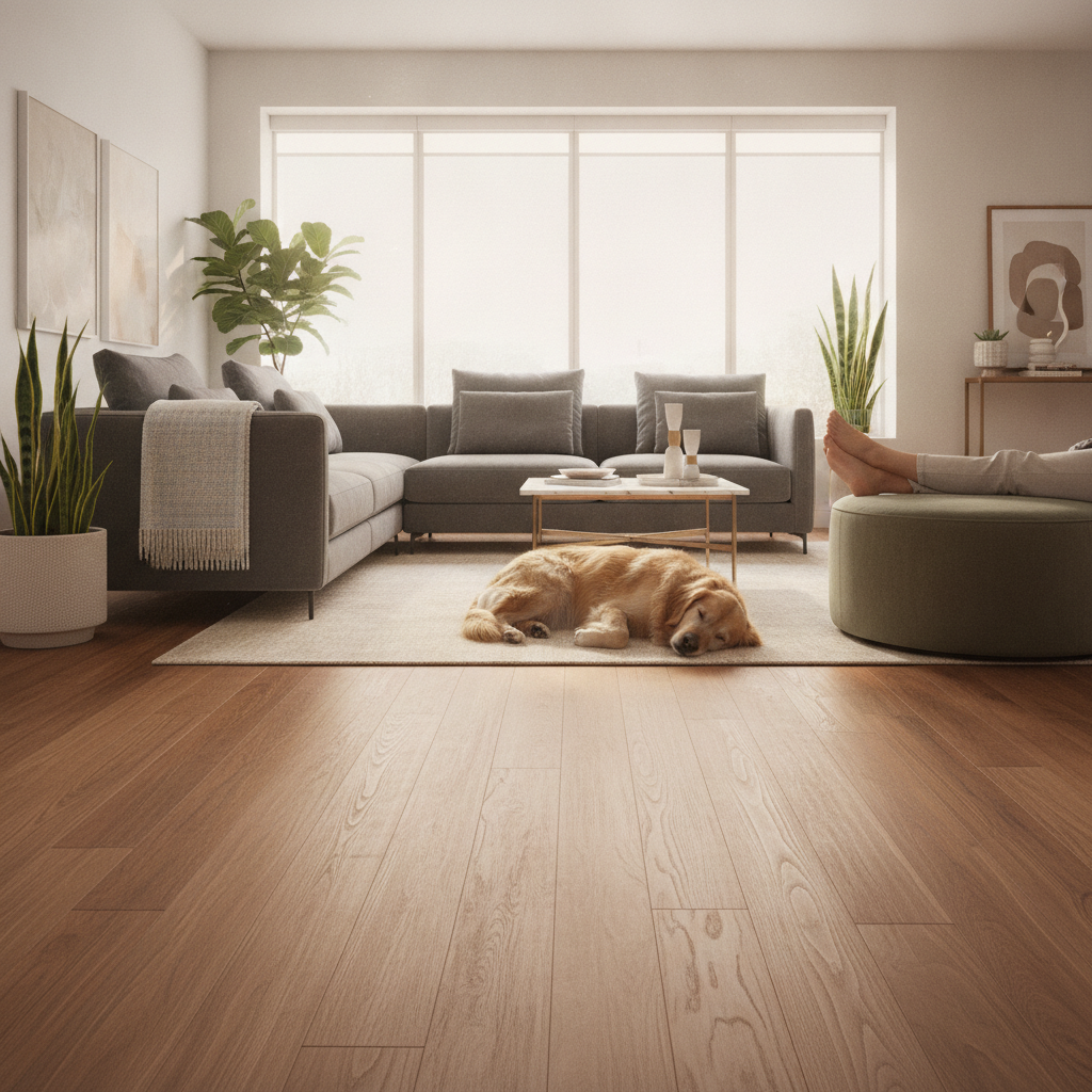 A serene living room with Bravewood hybrid hardwood floors, where a dog sleeps peacefully, illustrating a beautiful, worry-free home.