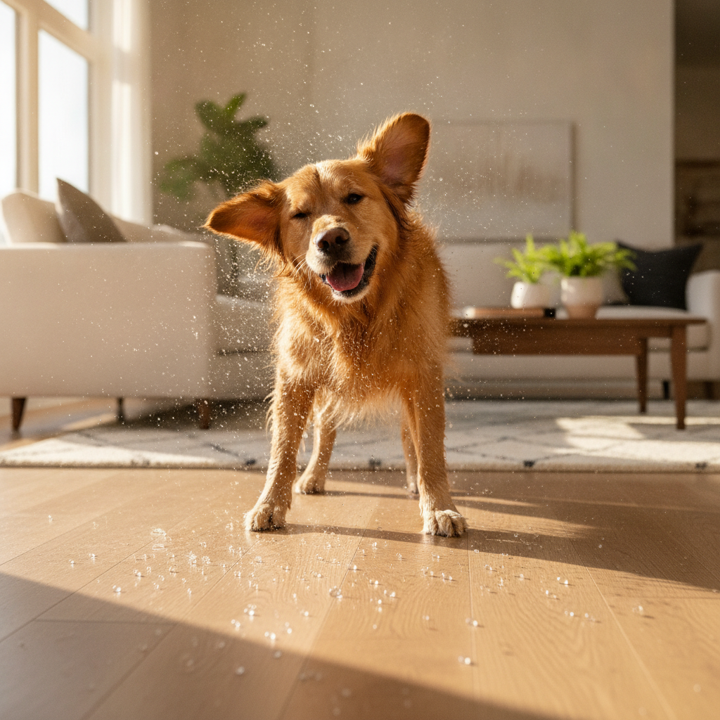 A happy golden retriever shakes water off its fur in a modern living room, with its wet paws on a waterproof hybrid hardwood floor where water droplets bead up on the surface.
