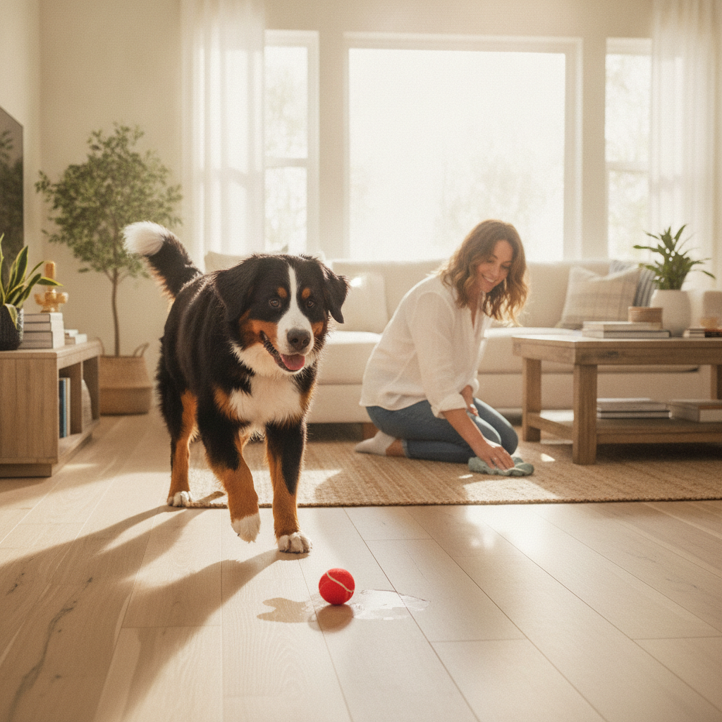 A happy dog playing on beautiful Bravewood hardwood floors in a sunlit living room, showing harmony between pets and a stylish home.