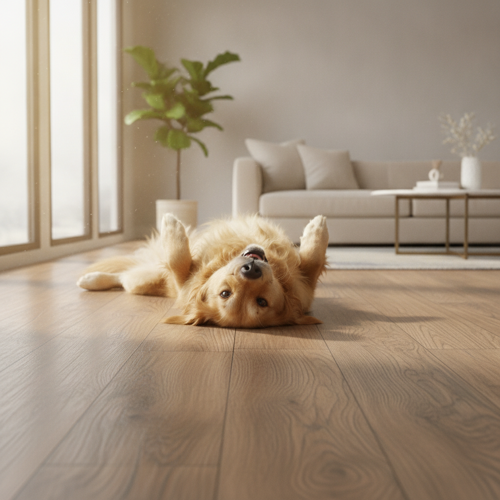 A happy golden retriever lying on a beautiful, modern luxury vinyl plank floor in a sunlit living room.