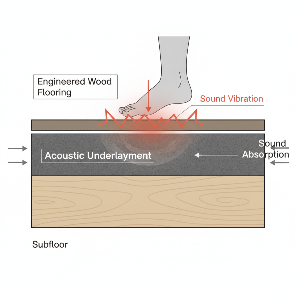 Illustration showing a cross-section of a floor where an acoustic underlayment layer absorbs the impact vibration from a footstep, stopping the noise from reaching the subfloor.