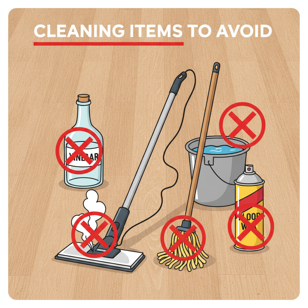 A graphic showing cleaning items to avoid on hybrid hardwood floors, including a steam mop, vinegar, string mop, and wax, each with a red X over it.