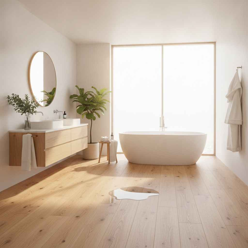 A bright modern bathroom with a freestanding tub on beautiful waterproof hybrid hardwood flooring, demonstrating its suitability for wet areas.