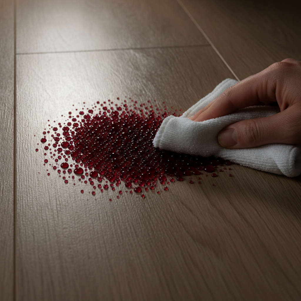 A dramatic, close-up, macro photograph showing a splash of red wine spilled on a waterproof hybrid hardwood floor. The liquid is perfectly beaded up on the surface, highlighting the floor's non-porous finish and not soaking into the wood grain. A hand holding a white cloth is entering the frame, about to wipe the spill away effortlessly. Style: cinematic, high-contrast lighting, sharp focus on the beaded liquid.
