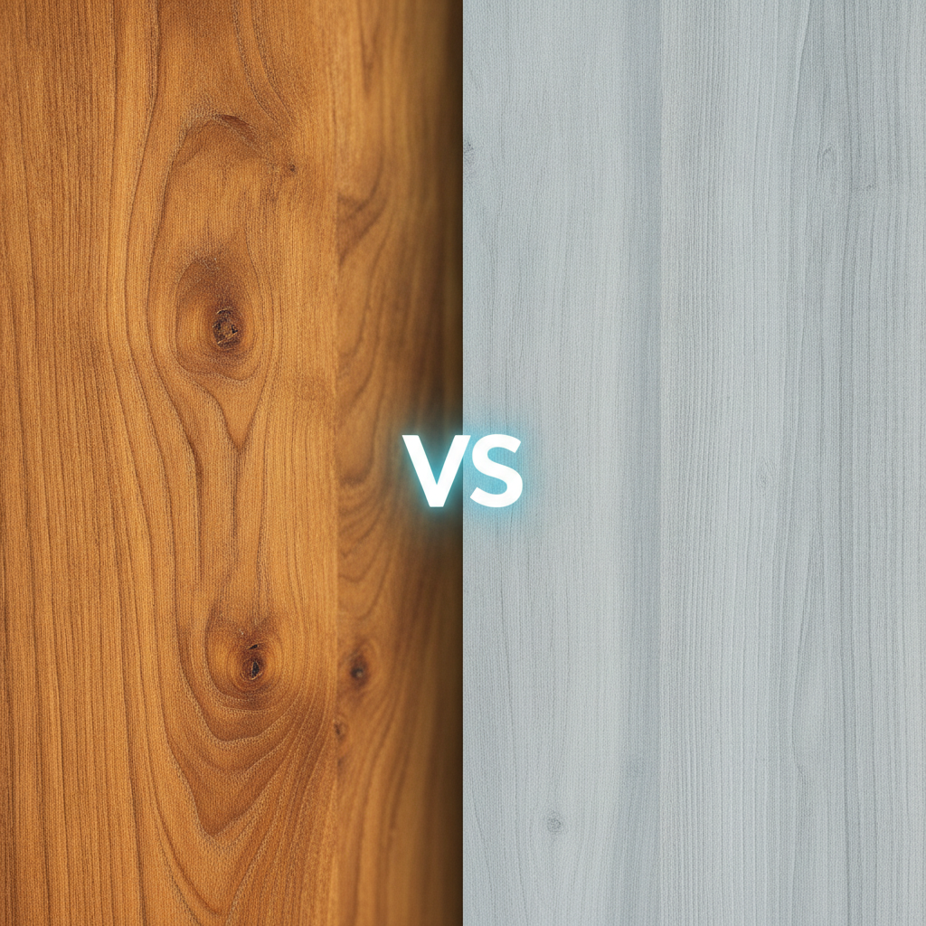A dynamic split-screen composition. The left side features a close-up, macro shot of a rich, warm hybrid hardwood plank, highlighting its authentic wood grain and natural texture. The right side shows a sleek, modern luxury vinyl plank (LVP) with a highly realistic wood-look print. A subtle, glowing 'VS' is centered between them. Style: clean, photorealistic, high-end product photography, studio lighting.