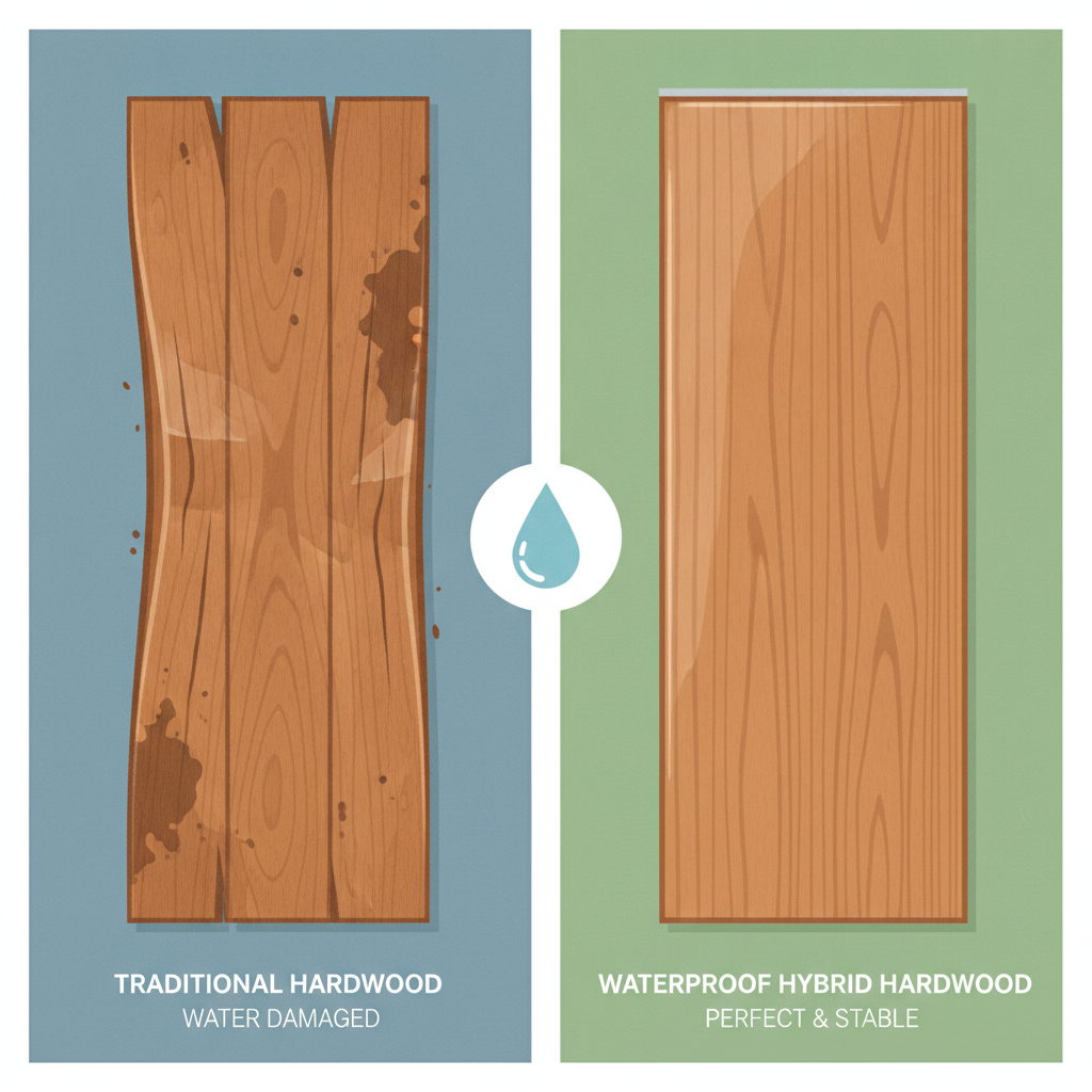 A split-panel comparison showing a warped traditional hardwood plank versus a pristine waterproof hybrid hardwood plank after water exposure.