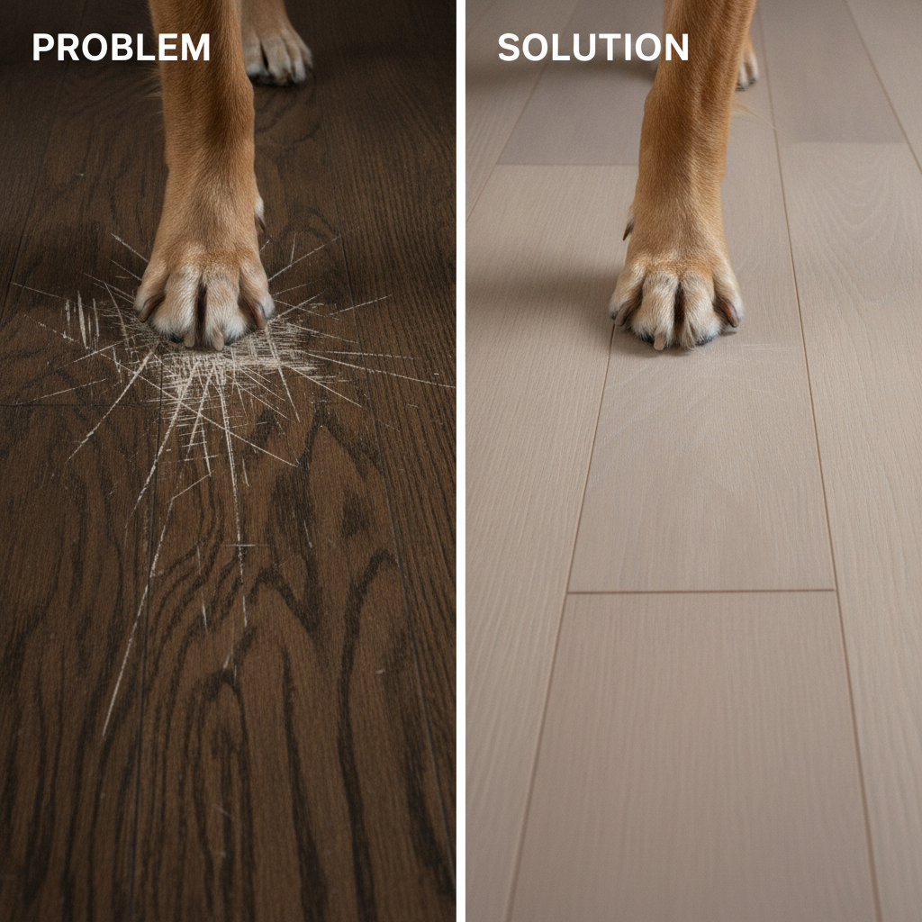 A side-by-side comparison showing a dog's paw scratching a traditional wood floor on the left, and the same paw on an unscratched hybrid hardwood floor on the right.