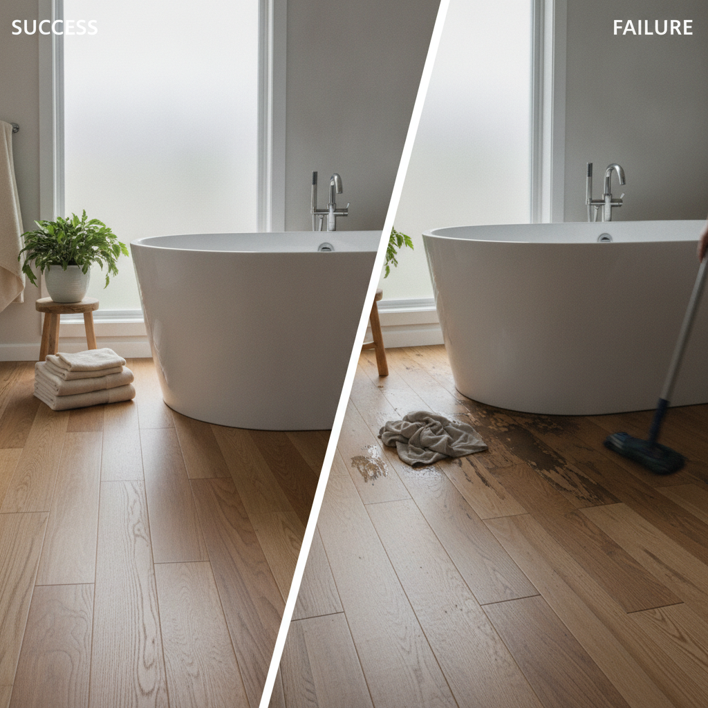 A dramatic, side-by-side comparison image. On the left, a beautiful, modern bathroom with flawless waterproof hybrid hardwood flooring, looking warm and serene. On the right, a similar bathroom but with traditional hardwood that is visibly warped, cupped, and discolored at the base of the tub, conveying a sense of failure and frustration.