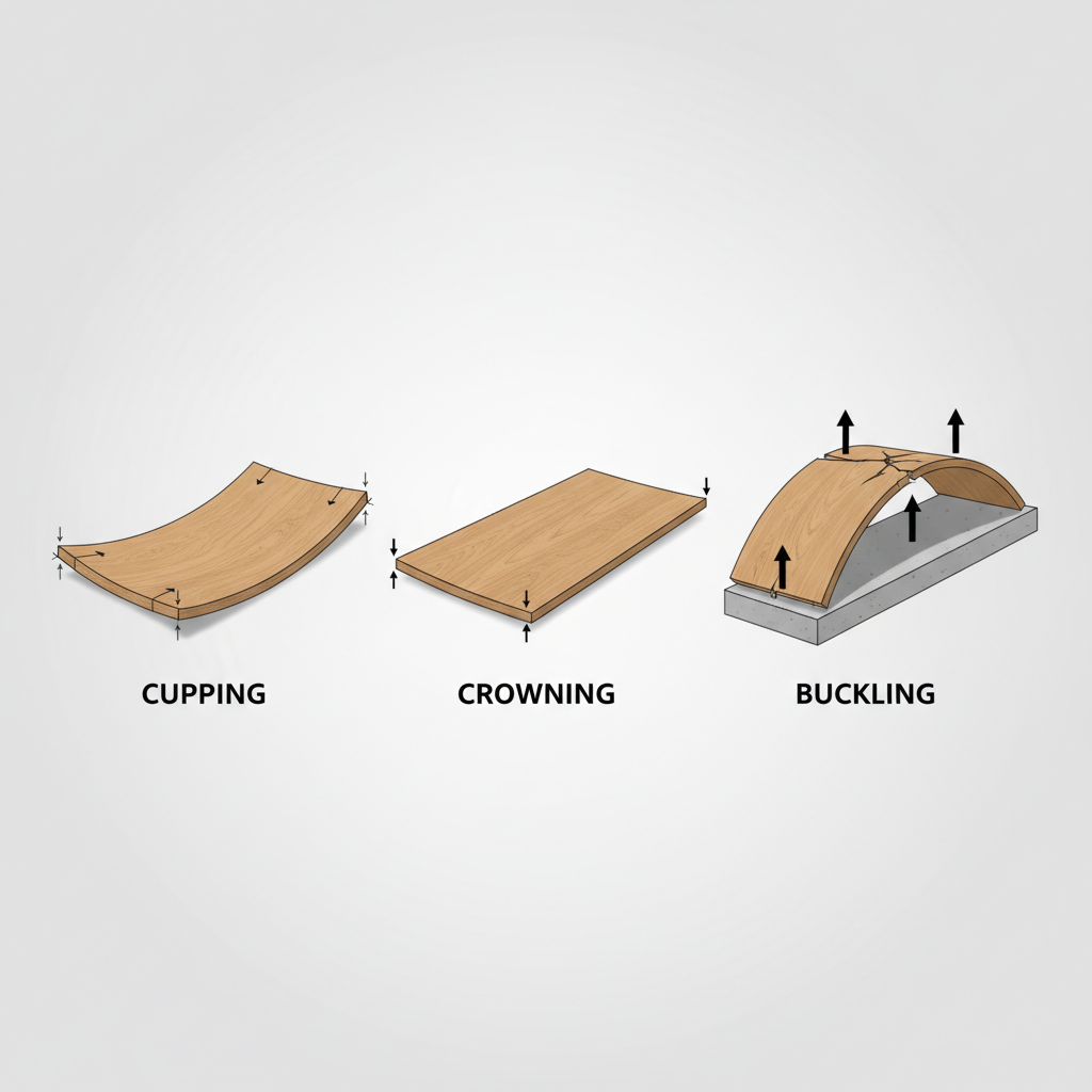 A clear, educational illustration showing three separate examples of water-damaged wood flooring planks against a neutral background. The first plank demonstrates 'cupping' with raised edges. The second shows 'crowning' with a raised center. The third illustrates 'buckling' where the plank is dramatically lifted from the subfloor. Each example should be clearly labeled. Style: clean, simple, diagrammatic, slightly 3D.