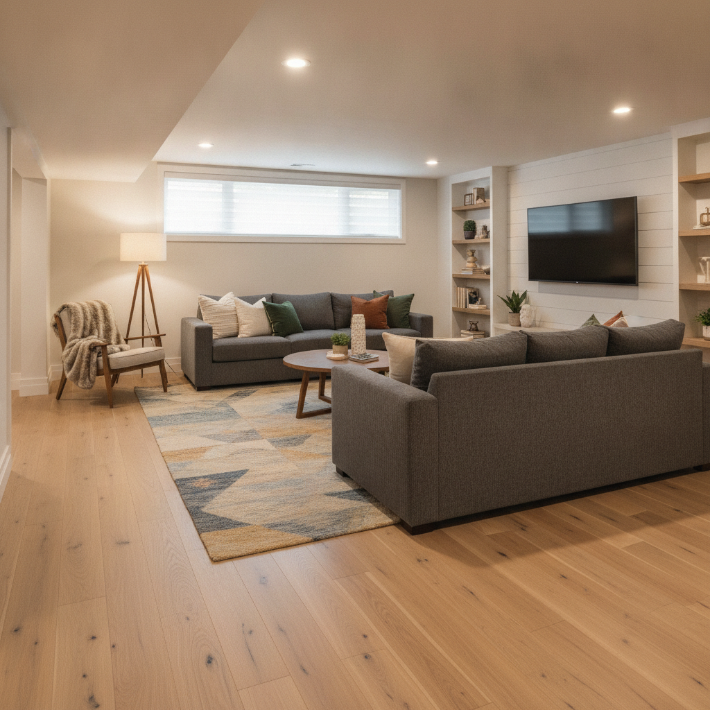 A warm and inviting finished basement family room with waterproof hybrid hardwood floors.