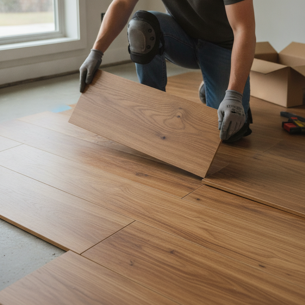 A dynamic, over-the-shoulder shot of a person wearing knee pads installing a waterproof hybrid hardwood plank. The focus is on their hands carefully angling a new plank to click and lock into the groove of the previously laid row. The floor is partially installed, showing the beautiful wood grain texture and the satisfying progress of the project. The lighting is natural and warm, coming from a nearby window. Style: photorealistic, action shot, shallow depth of field.