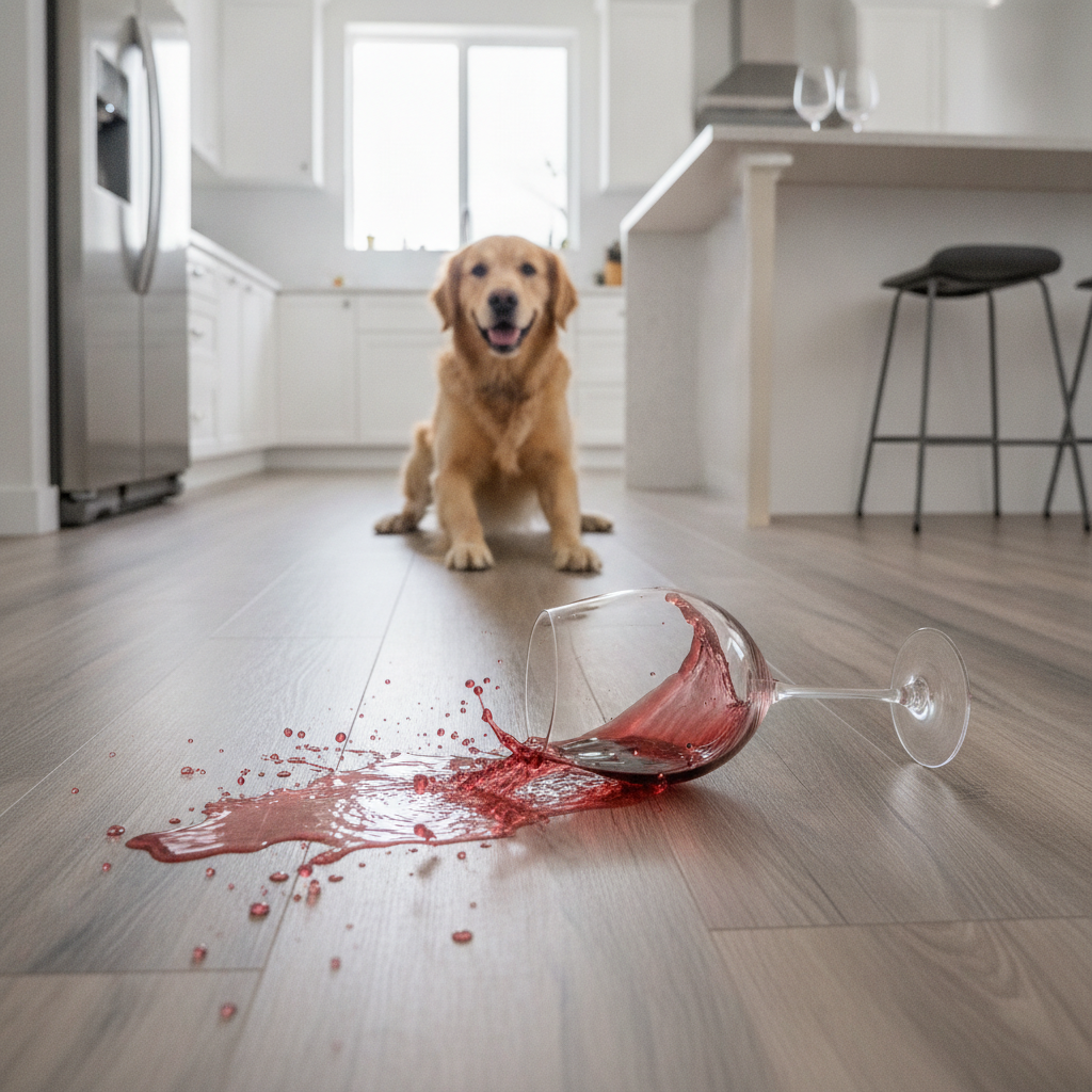 A glass of red wine splashing onto a waterproof wood-look floor in a modern kitchen, demonstrating the floor's durability and resistance to spills and scratches.