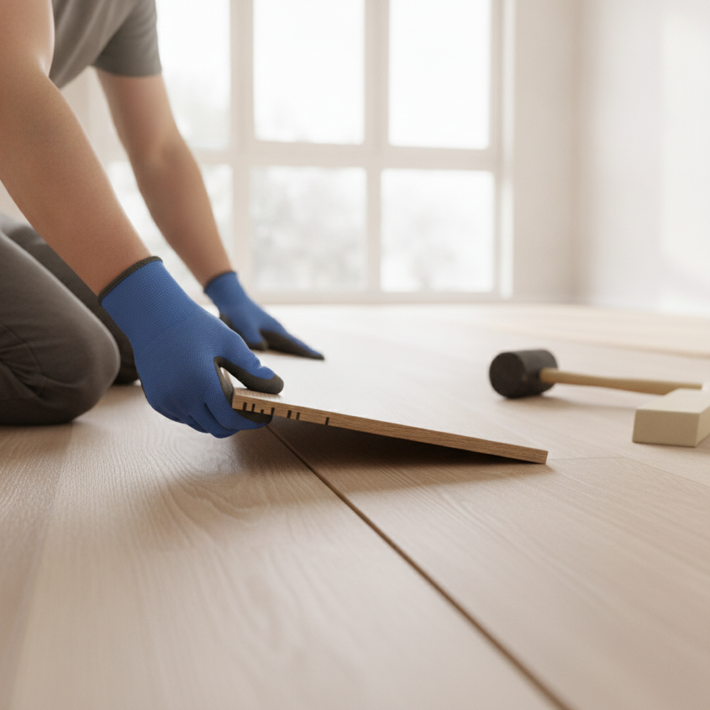 Close-up of hands installing a hybrid hardwood floor by angling a new plank to click and lock it into the previous row.