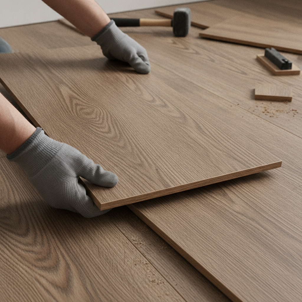 Mastering the Click-Lock Installation Technique A close-up photo of hands installing a hybrid hardwood plank using the angle-and-lock method, showing the tongue fitting into the groove.