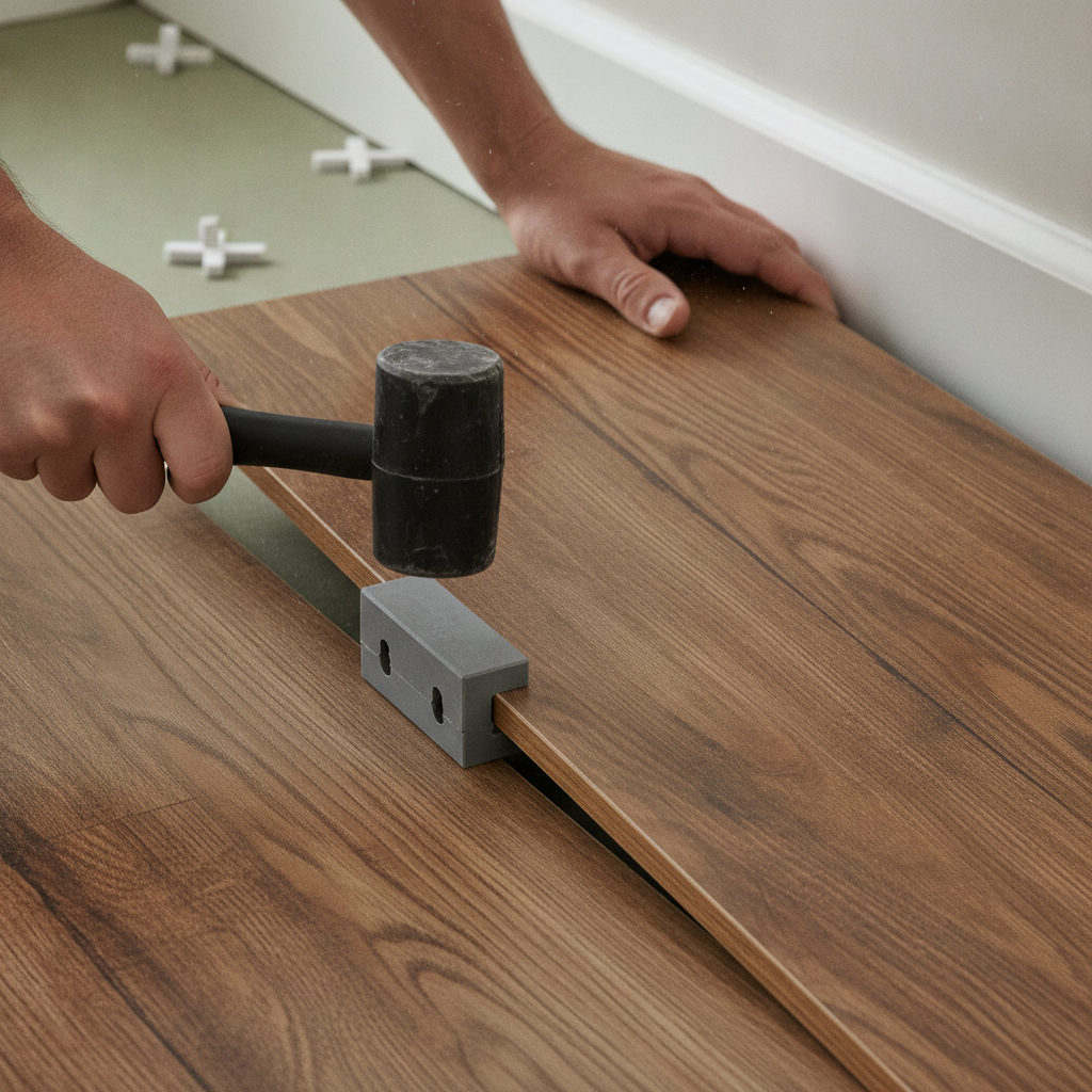 Close-up of hands using a tapping block and mallet to install a click-lock hybrid hardwood floor plank.