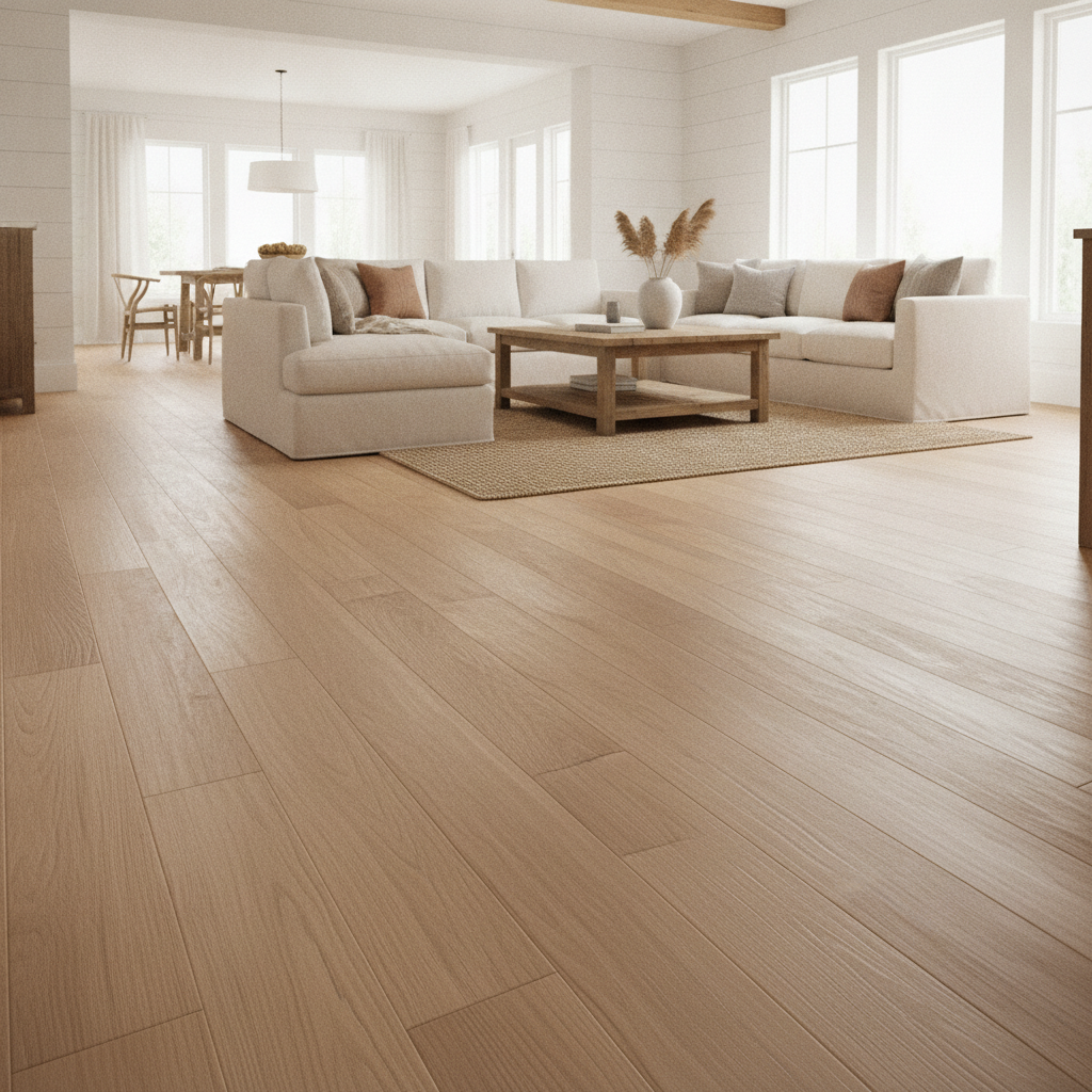 A bright living room with Modern Farmhouse decor, featuring wide-plank, light natural oak Bravewood flooring that creates a warm and inviting atmosphere.