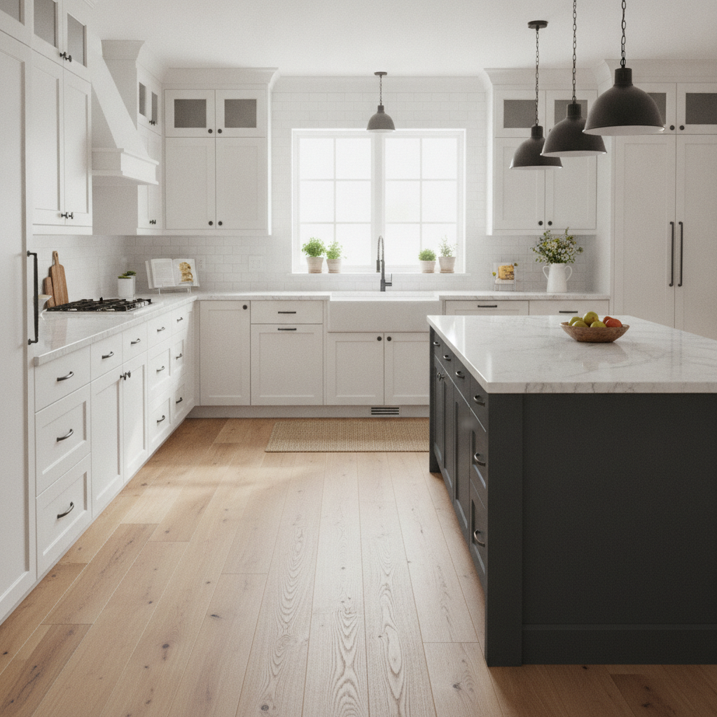 A bright, modern farmhouse kitchen featuring light waterproof hardwood floors, white shaker cabinets, and a dark kitchen island.