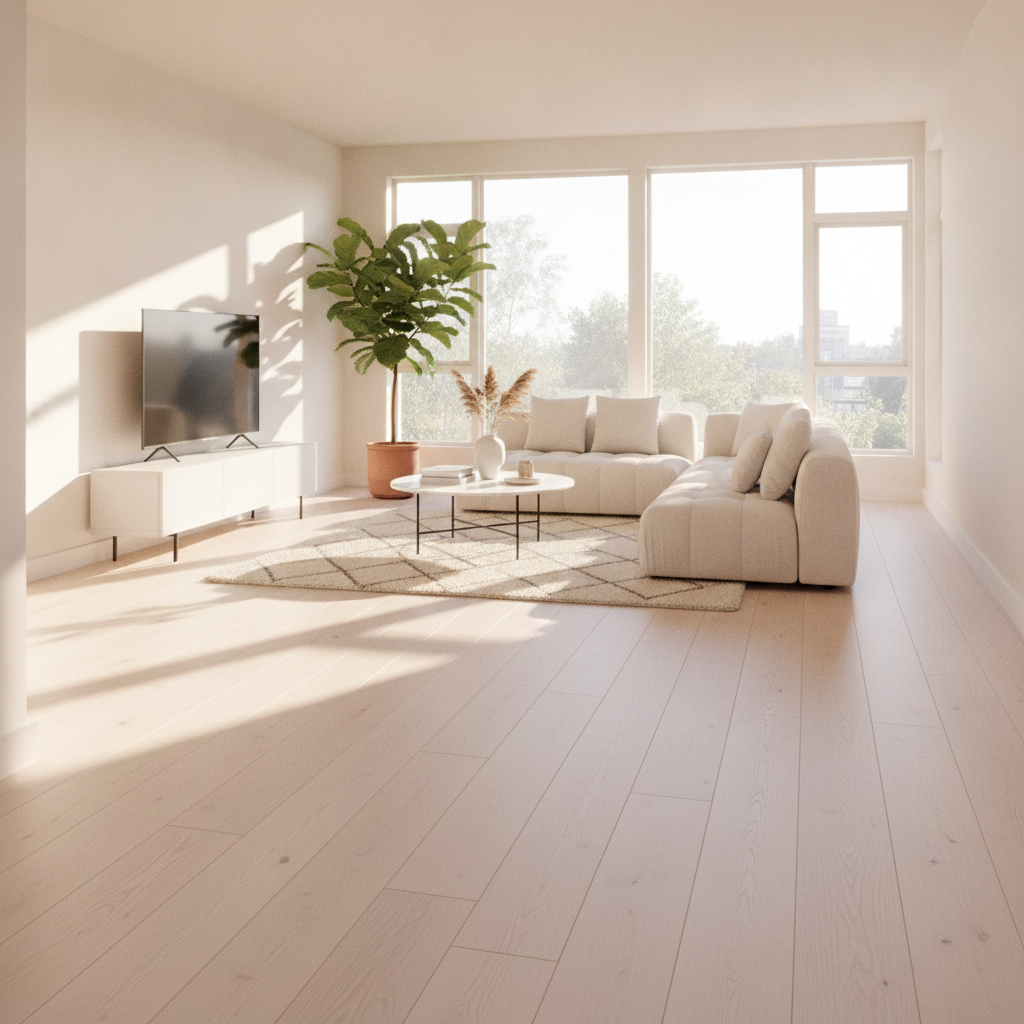 A sun-drenched modern living room with wide plank, light natural oak hybrid hardwood flooring, showcasing a minimalist and airy design.