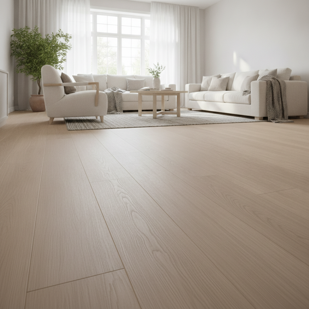An elegant Scandinavian-style living room featuring wide-plank, light natural oak Bravewood flooring that serves as the foundation for the minimalist and serene design.