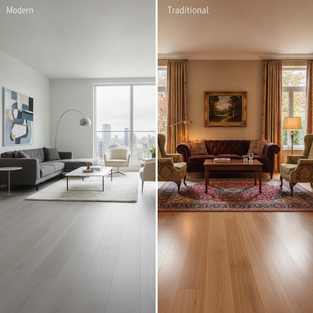 Split-screen image comparing modern and traditional living rooms. The modern side has wide, light gray oak floors, while the traditional side has narrower, warm honey-toned floors.