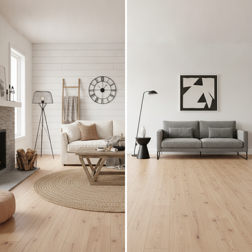 One Floor, Endless Design Possibilities A split-screen interior design shot showcasing the same light, natural oak hybrid hardwood floor in two completely different settings. The left side features a cozy 'Modern Farmhouse' living room with a white shiplap wall, plush neutral sofa, and black metal accents. The right side displays a sleek 'Urban Minimalist' living room with crisp white walls, a simple black-framed sofa, and a single piece of abstract art. This composition powerfully illustrates the flooring's versatility.