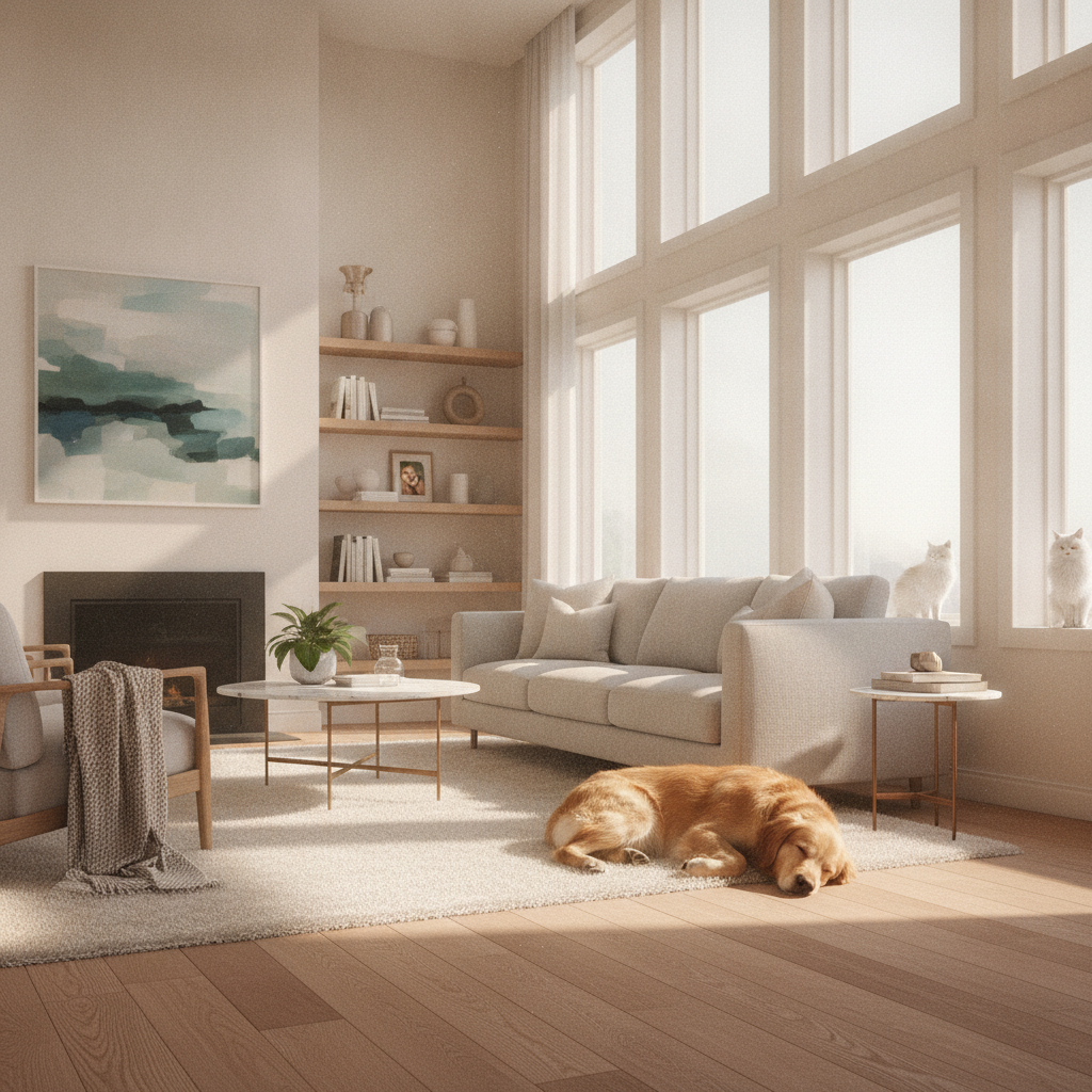 A happy dog sleeping peacefully on a flawless wood-look floor in a bright, sunlit living room, representing the peace of mind from having pet-proof flooring.