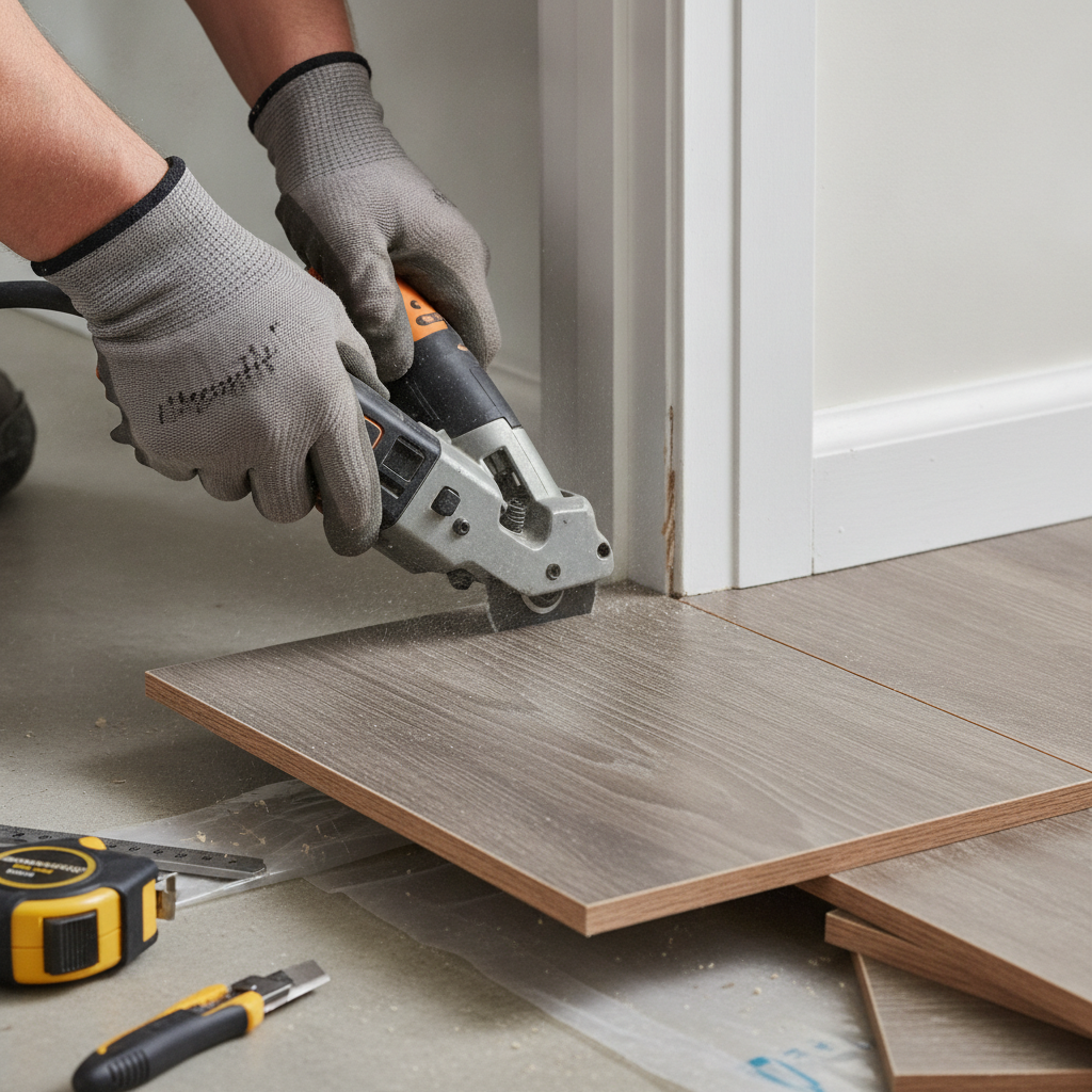 Perfecting the Seamless Installation A close-up, professional shot from a low angle focusing on the hands of a flooring installer using an oscillating multi-tool to precisely undercut a white doorjamb. A plank of hybrid hardwood is positioned next to it, ready to be slid underneath for a perfect, seamless finish. The background is slightly blurred to emphasize the action and detail.