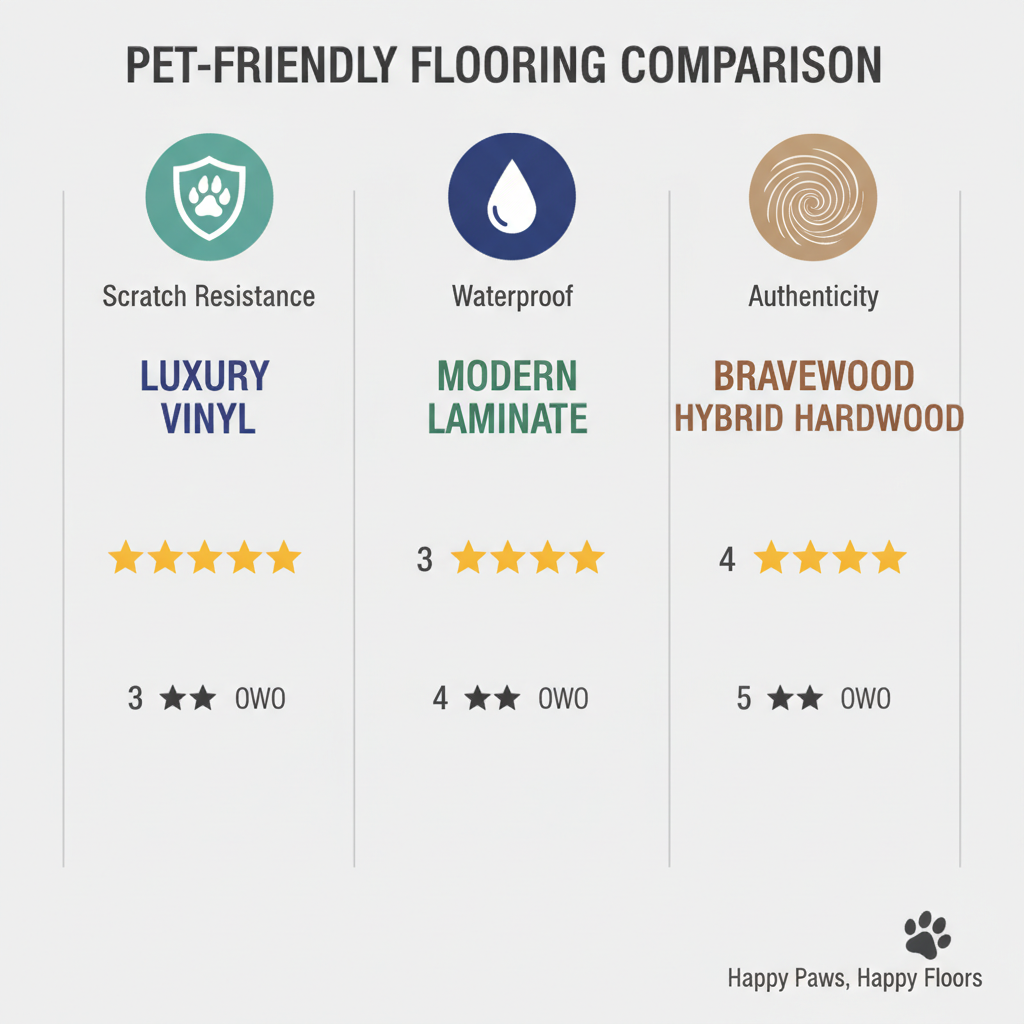 Infographic comparing Luxury Vinyl, Modern Laminate, and Bravewood Hybrid Hardwood on scratch resistance, waterproof capabilities, and authenticity using a star rating system.