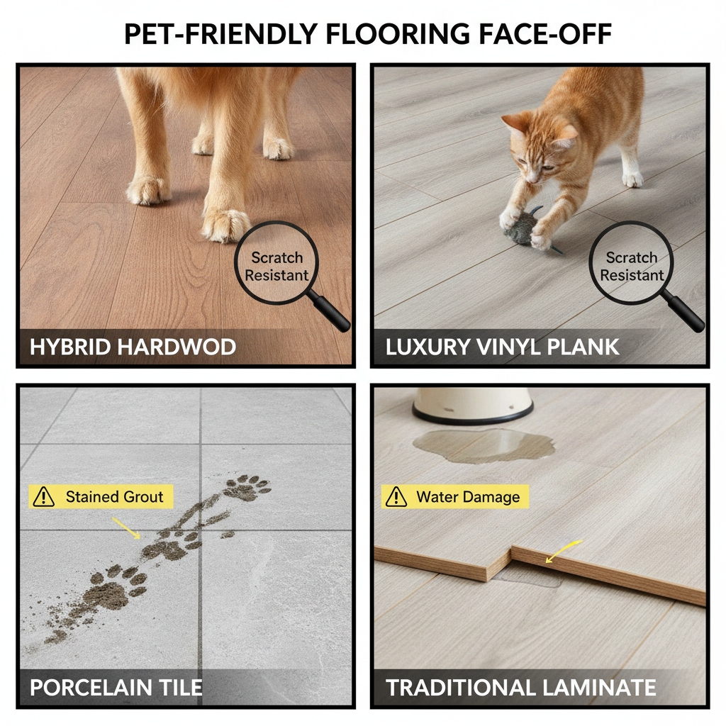 A dynamic split-screen comparison of four flooring types under pet-related stress. Top-left: Hybrid Hardwood, where a dog's claws glide over the surface without a mark. Top-right: Luxury Vinyl Plank, also showing high scratch resistance. Bottom-left: Porcelain Tile, which is unscratched but has a dirty grout line. Bottom-right: Traditional Laminate, showing a subtle swelling at the seam from a puddle of water.