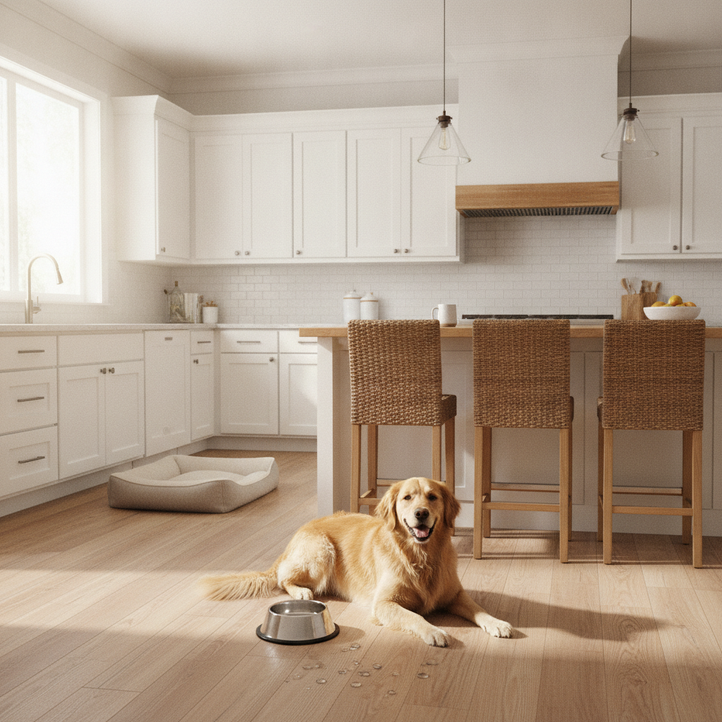 A warm and inviting, photorealistic shot of a modern kitchen with white cabinets. A happy golden retriever is lying comfortably on the durable waterproof hybrid hardwood floor next to its stainless steel water bowl, which has a few small splashes of water on the planks around it. The scene is bright and sunny, capturing a moment of everyday family life and showcasing the floor's pet-friendly and water-resistant qualities.
