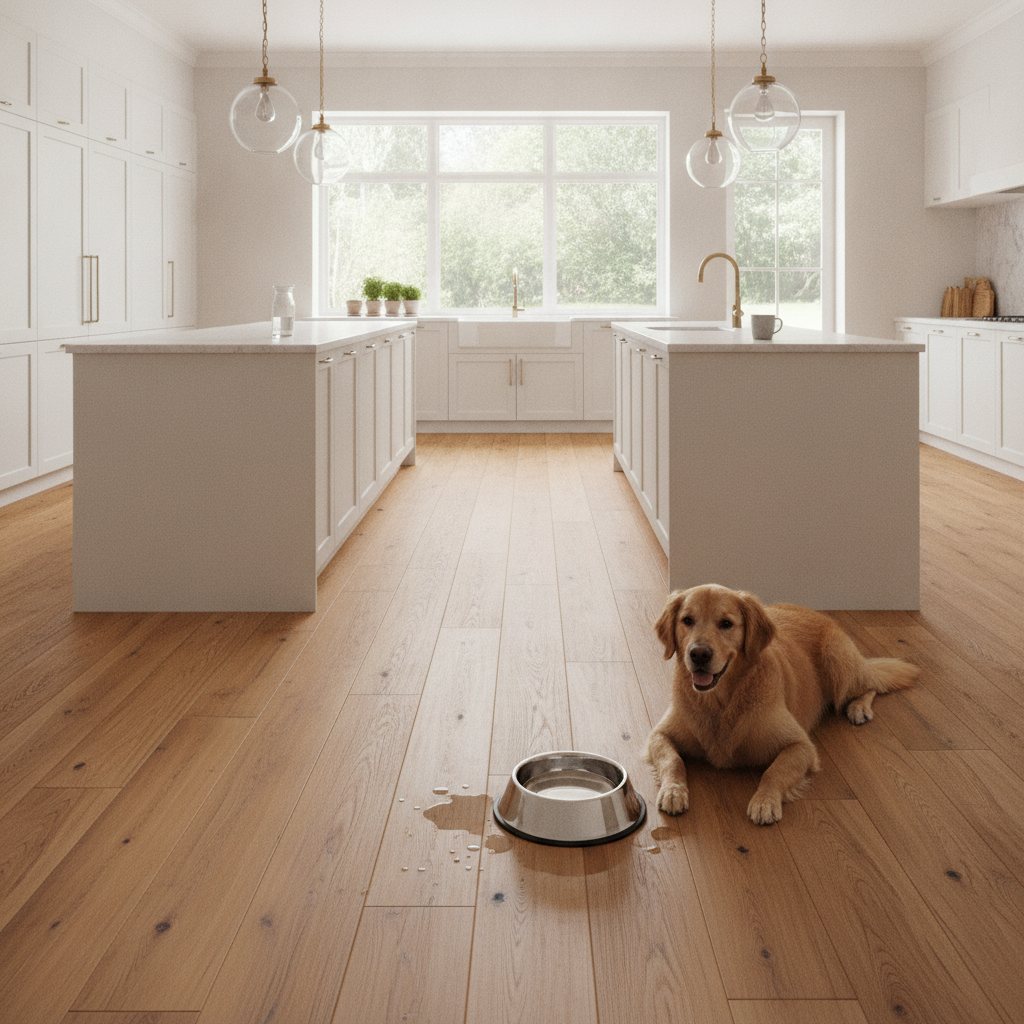 A golden retriever lying on a waterproof hardwood floor in a modern kitchen, illustrating a pet-friendly and durable flooring option.