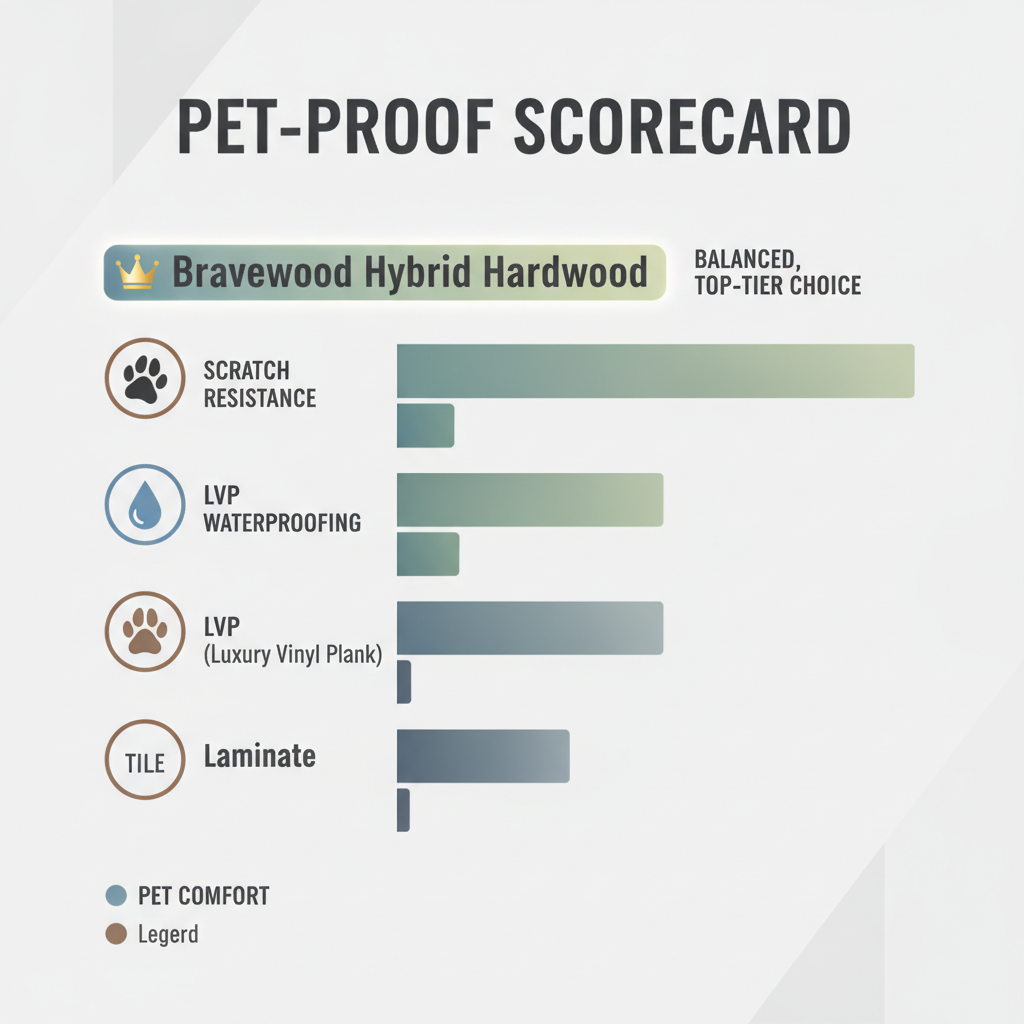 A vibrant, easy-to-read infographic visually representing the 'Pet-Proof Scorecard'. It compares four flooring types (Hybrid Hardwood, LVP, Laminate, Tile) using simple, modern icons for each criterion: a claw for scratch resistance, a water droplet for waterproofing, and a paw print for pet comfort, with Bravewood Hybrid Hardwood subtly highlighted as the balanced, top-tier choice.