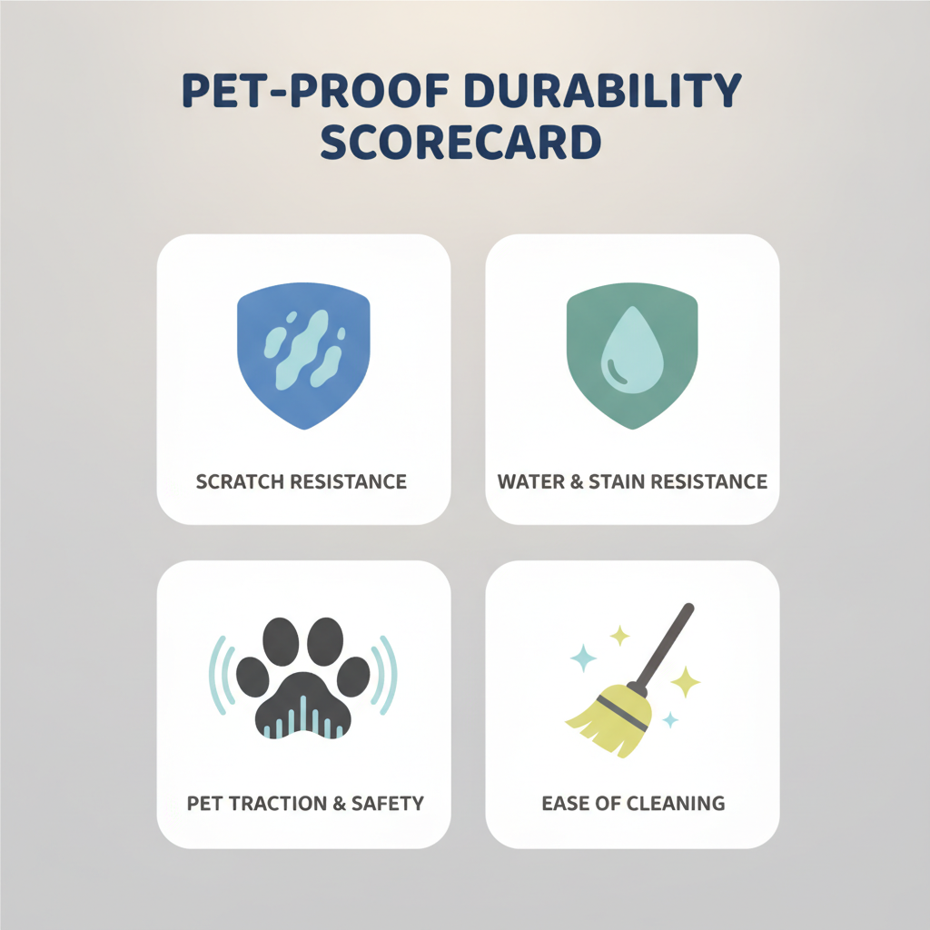 Infographic icons for the Pet-Proof Durability Scorecard: Scratch Resistance (claw), Water Resistance (shielded droplet), Pet Traction (paw print), and Ease of Cleaning (broom).