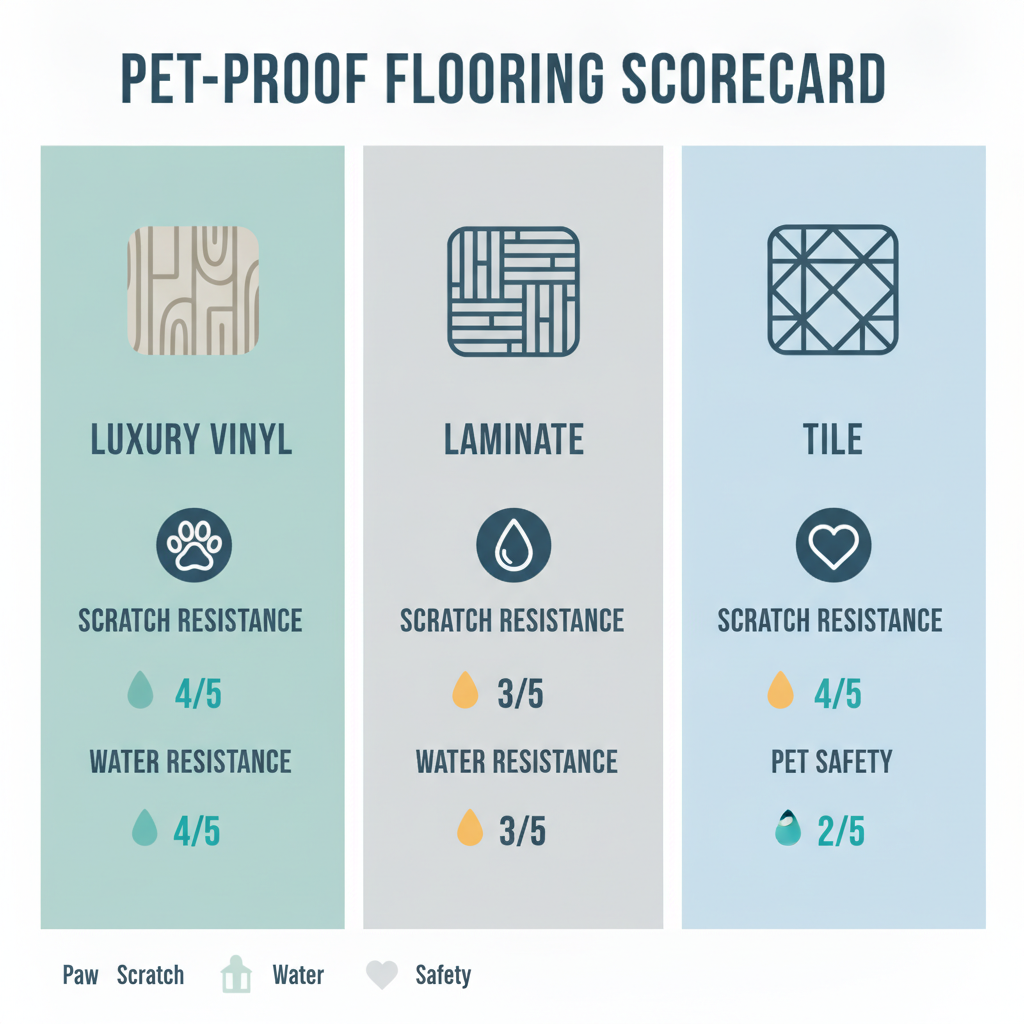 An infographic scorecard comparing Luxury Vinyl, Laminate, and Tile on pet-proof metrics like scratch resistance, water resistance, and pet safety.