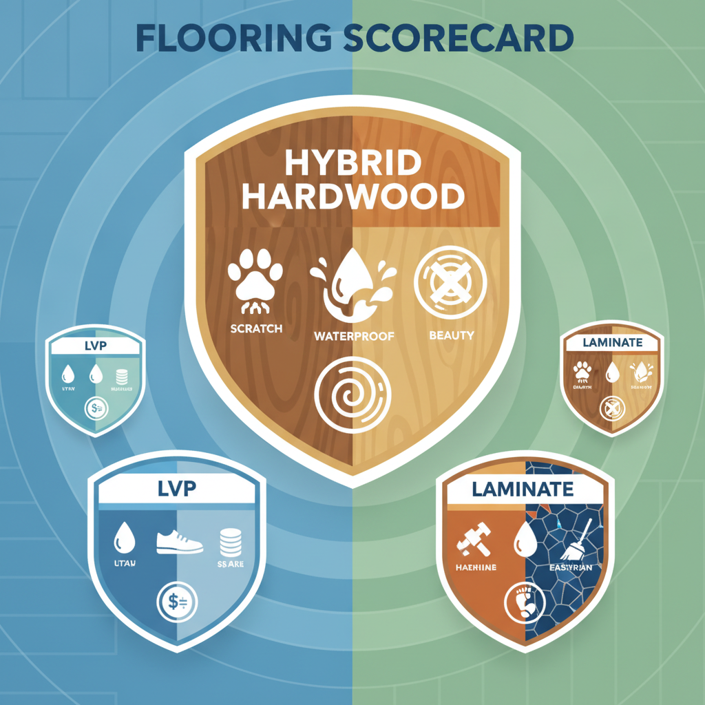 An infographic scorecard with four shields representing flooring types, with the Hybrid Hardwood shield being largest and most decorated for durability.
