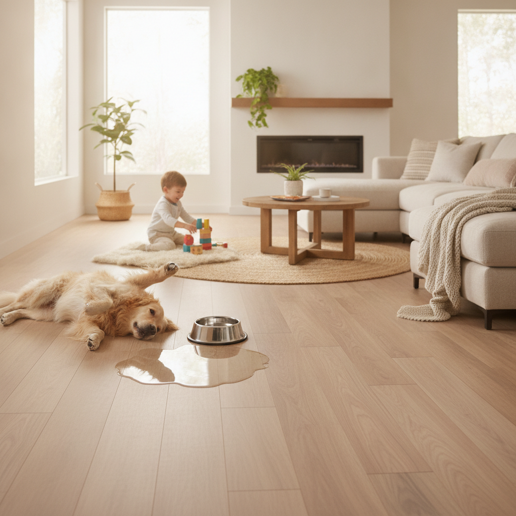 A happy golden retriever lies on a waterproof hardwood floor next to a harmlessly puddled water spill in a bright, modern living room, showing a pet-friendly and worry-free environment.
