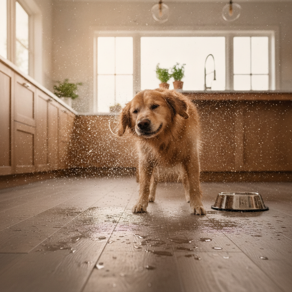 A golden retriever shakes water onto a beautiful Bravewood hybrid hardwood floor in a modern kitchen, with the water beading on the surface to show its waterproof quality.