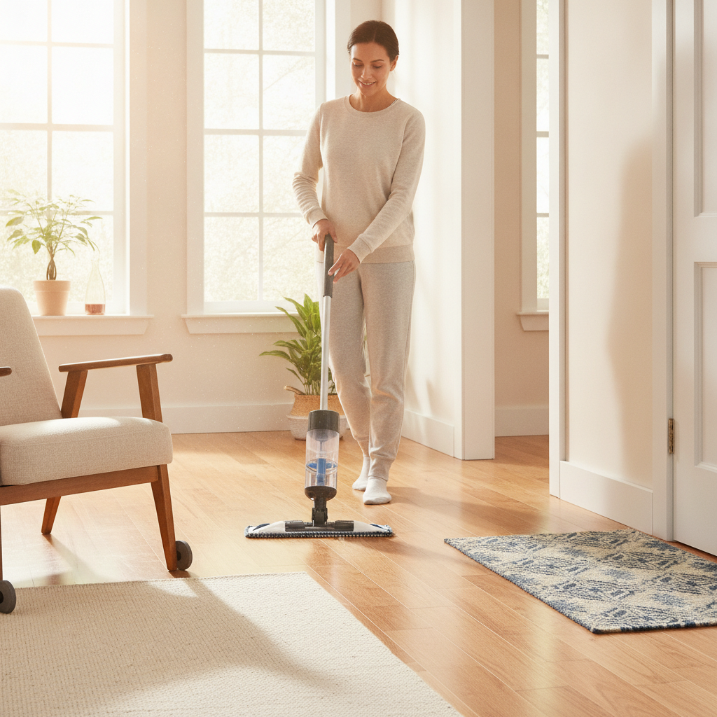 A person easily cleaning a sunlit hybrid hardwood floor with a microfiber mop, illustrating a proactive care routine with felt pads on furniture and an entryway mat.