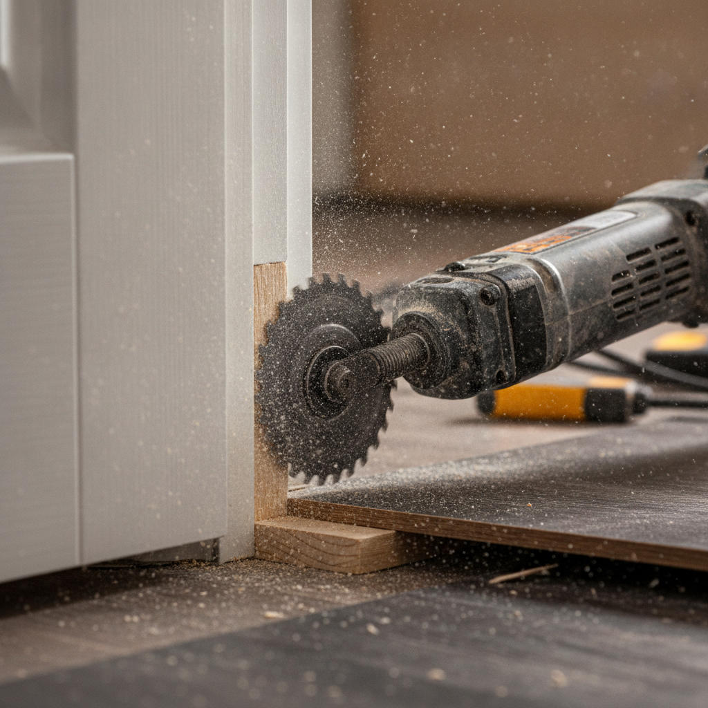 An oscillating multi-tool is used to precisely undercut a white door jamb, allowing flooring to slide underneath for a clean finish.