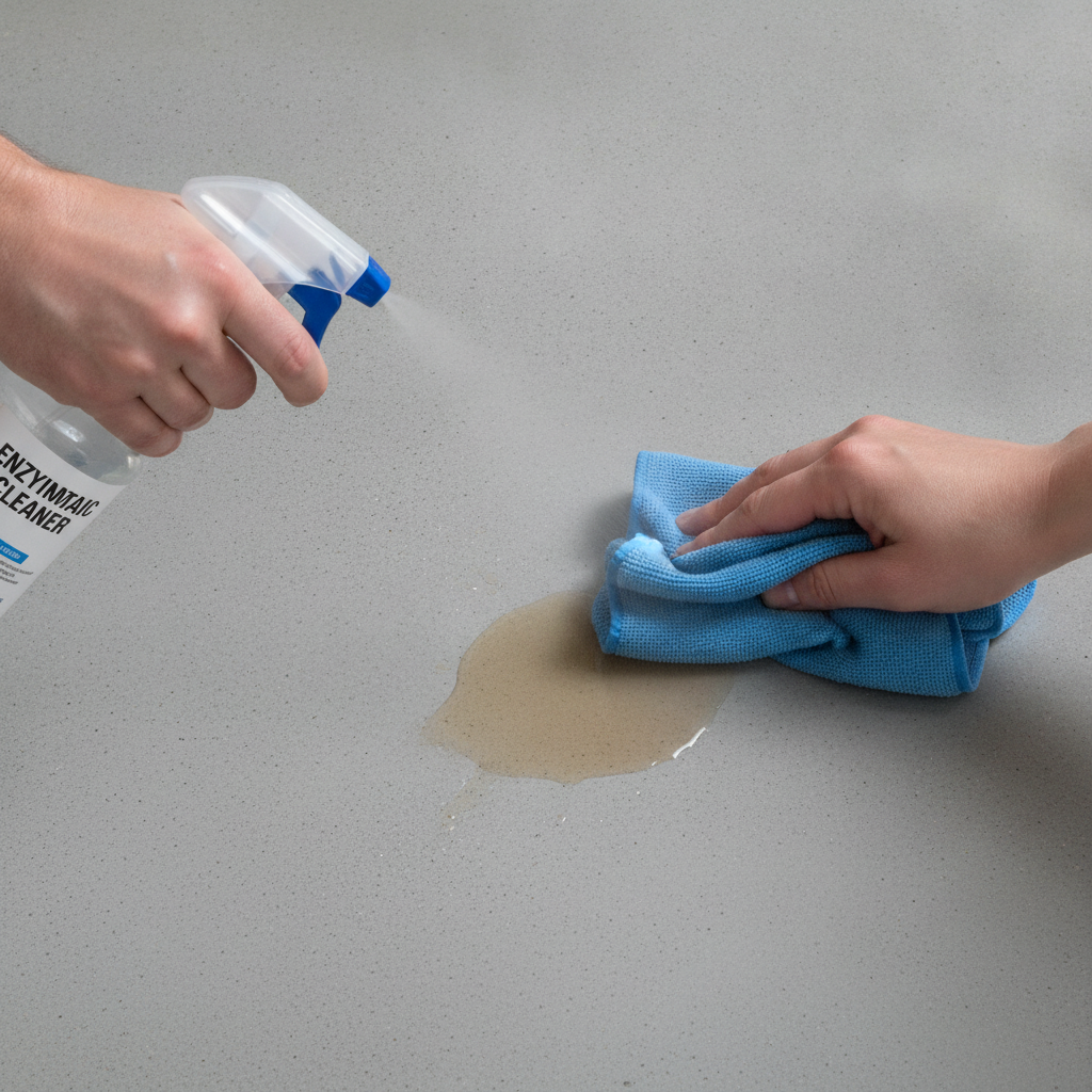 Close-up of hands cleaning a pet accident on the floor using an enzymatic cleaner and a microfiber cloth.