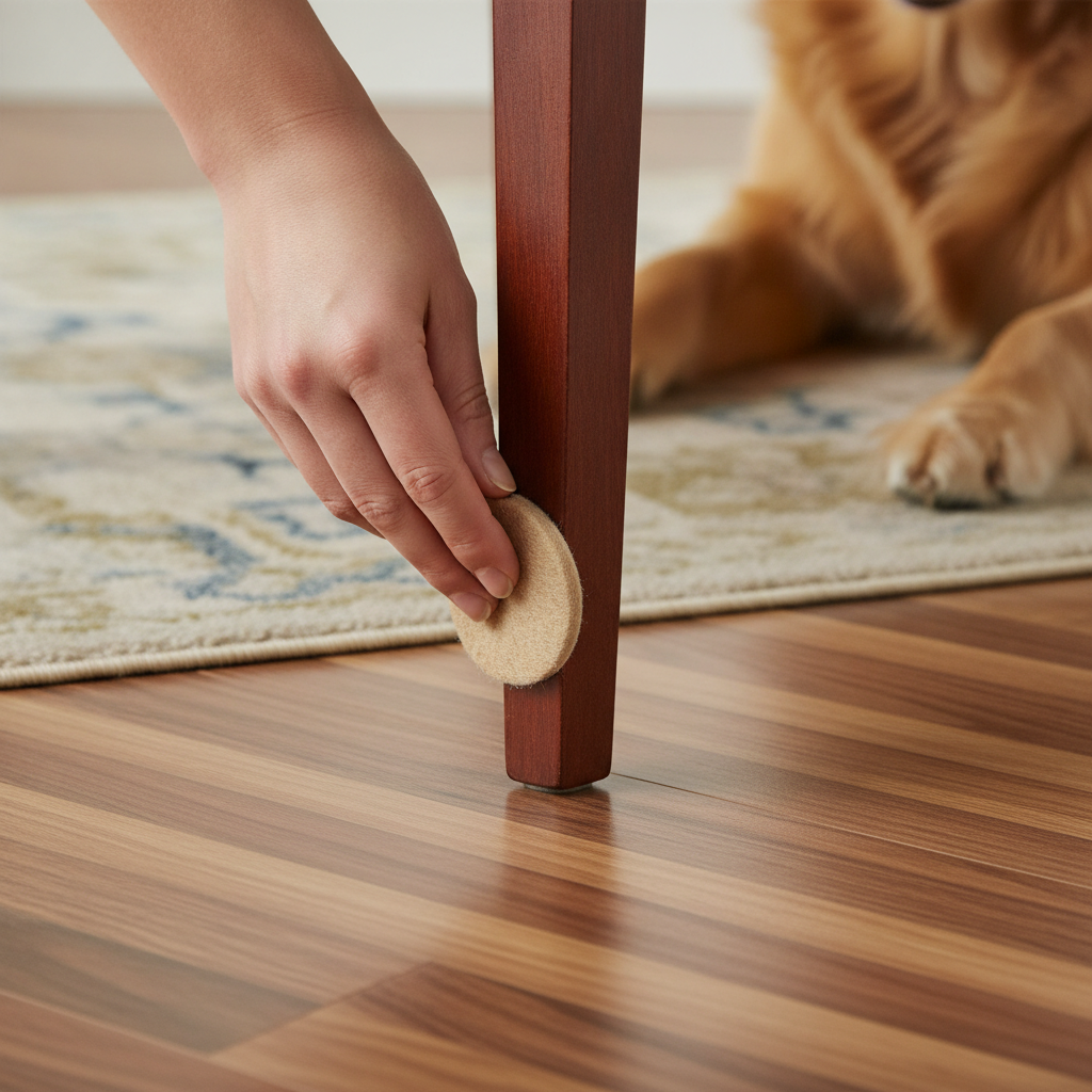 A person applies a felt pad to a chair leg on a hybrid hardwood floor, illustrating proactive floor care and prevention.