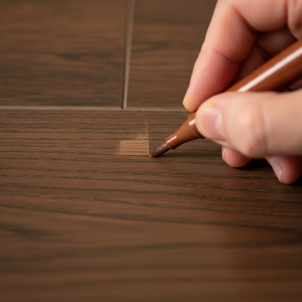 A close-up photo of a hand using a wood repair marker to easily fix a small scratch on a hybrid hardwood floor.