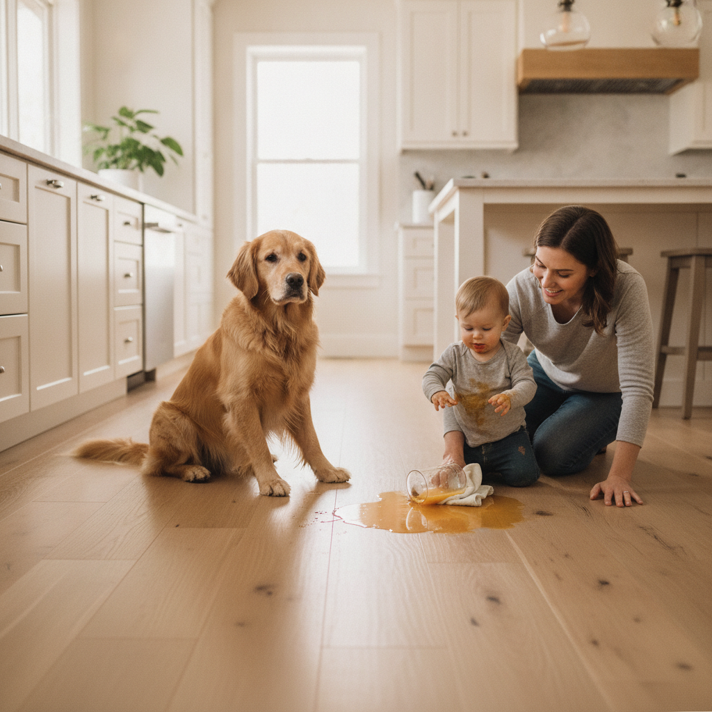 A parent calmly cleans a juice spill from a Bravewood floor in a bright kitchen, with a happy toddler and a golden retriever nearby, demonstrating the floor's durability.
