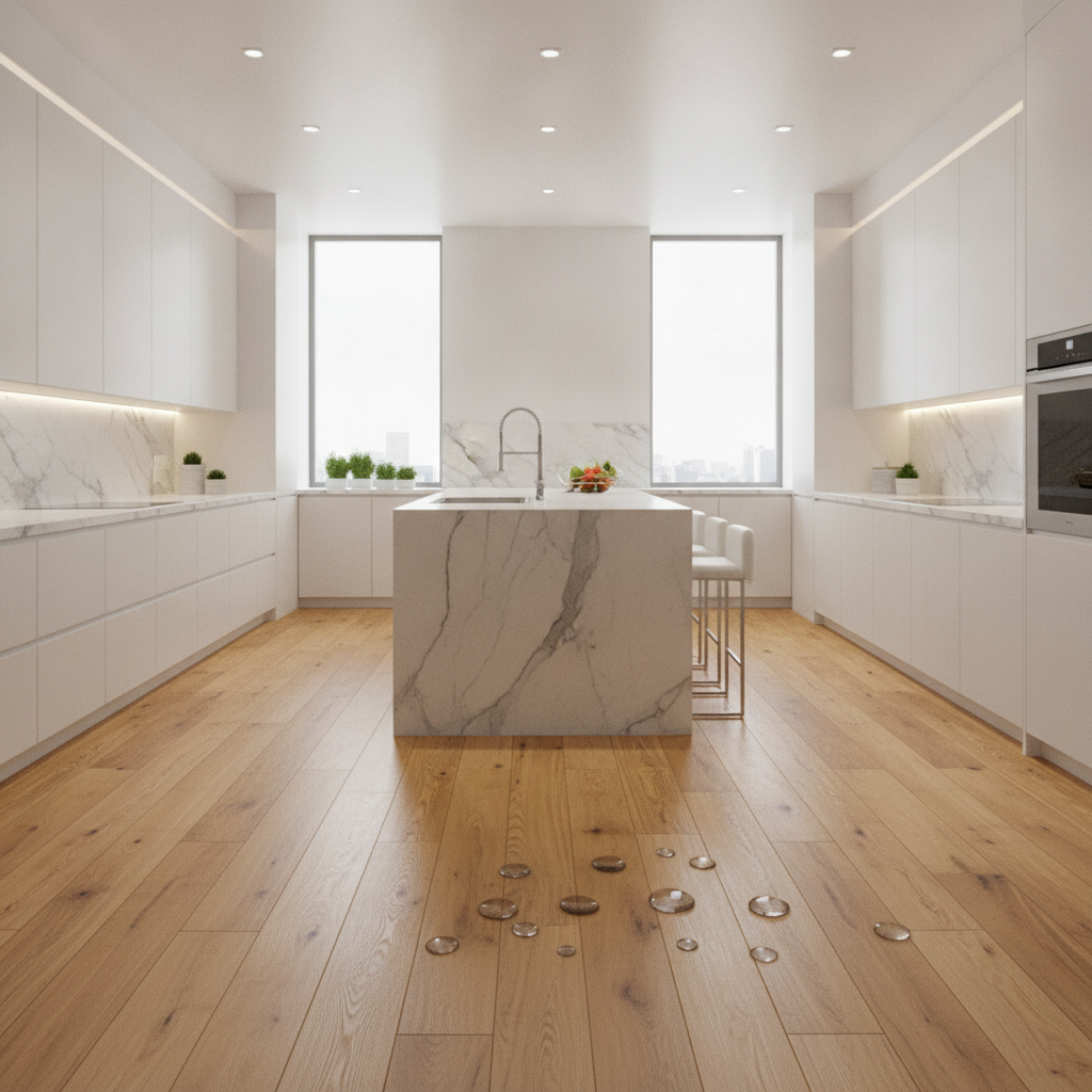 A modern kitchen with white cabinets and a waterproof hybrid oak hardwood floor, showing how real wood can be used elegantly and safely in high-moisture areas.