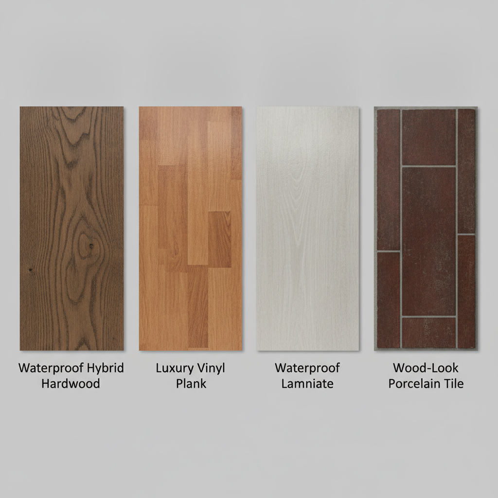 Realism Showdown: Flooring Comparison A clean, top-down studio shot comparing four flooring samples side-by-side. From left to right: 'Waterproof Hybrid Hardwood' with its unique, authentic wood grain; 'Luxury Vinyl Plank' showing a high-quality but slightly repetitive printed pattern; 'Waterproof Laminate' appearing flat with a slight sheen; and 'Wood-Look Porcelain Tile' with realistic print but visible grout lines. The consistent lighting highlights the subtle differences in texture and realism.