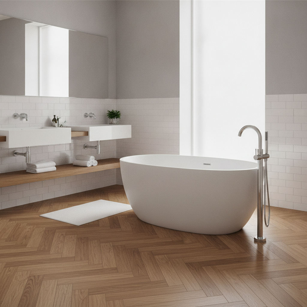 An elegant bathroom with a freestanding tub and a waterproof hybrid hardwood floor in a sophisticated herringbone pattern, showing its suitability for wet areas.