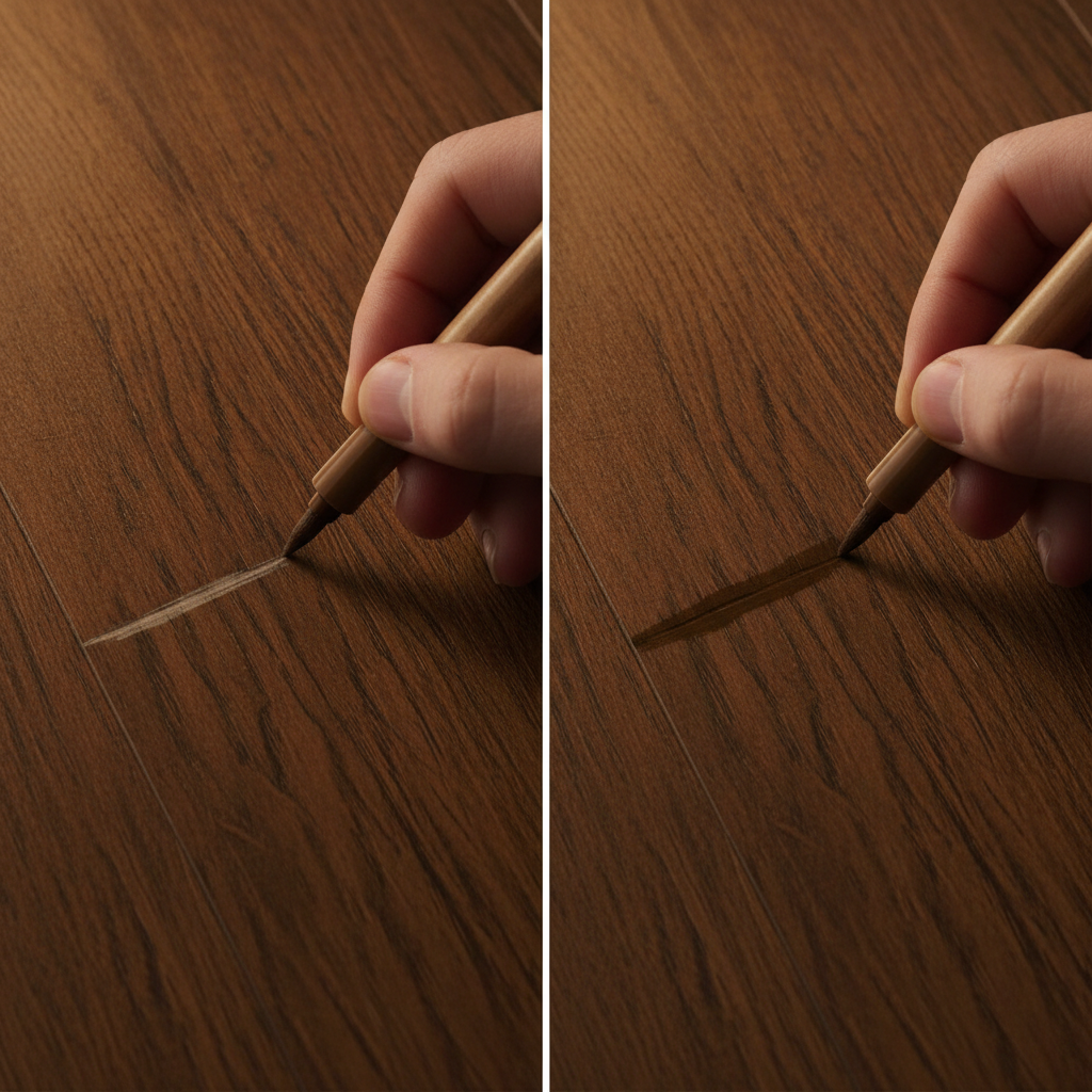 A detailed, close-up macro shot of a person's hand carefully applying a wood stain repair pen to a visible scratch on a hardwood floor. The image is a split-screen or before-and-after style: the left side shows the noticeable, light-colored scratch, and the right side shows the scratch being seamlessly filled in and concealed. The lighting is focused on the repair area, emphasizing the satisfying process of restoration. Style: photorealistic, shallow depth of field, instructional.