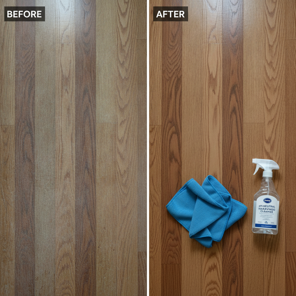 A before-and-after comparison showing a dull, hazy hybrid hardwood floor transformed into a clean floor with its natural satin luster restored.