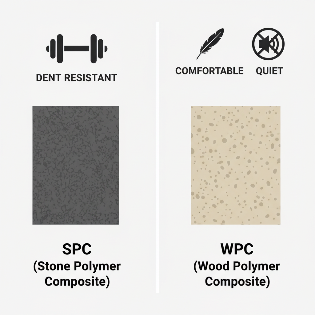 An infographic comparing SPC (Stone Polymer Composite) core, shown as dense and heavy, versus WPC (Wood Polymer Composite) core, shown as lighter and more comfortable.